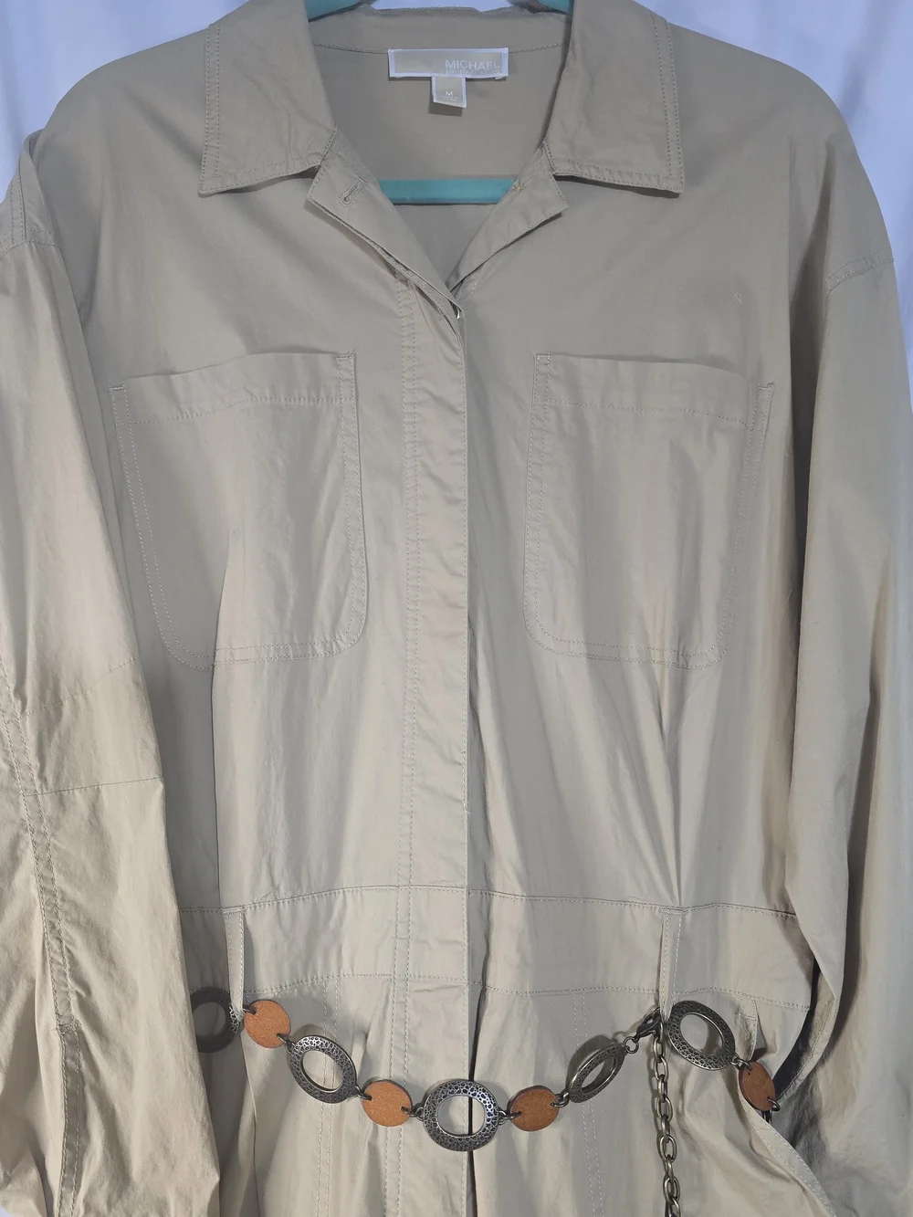 Michael Kors Tan Utility Jumpsuit with Chain-and-Wood Belt